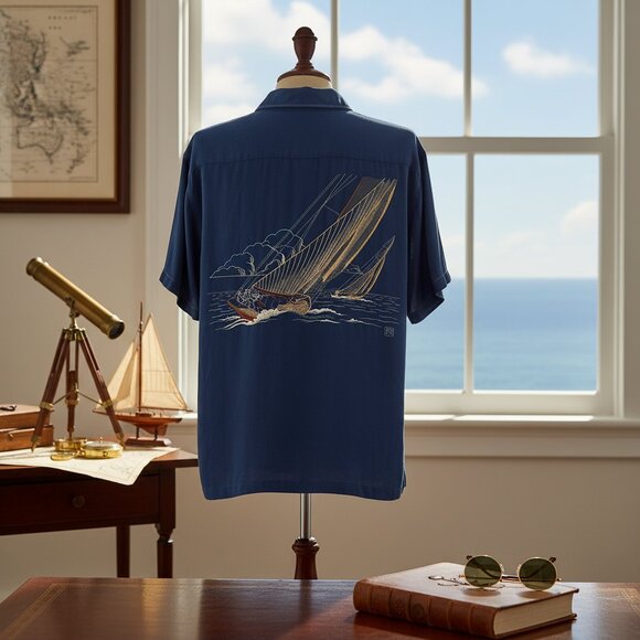 NWT Tori Richard Blue Button Down Shirt Small Embroidered Canoe - Picture 10 of 11